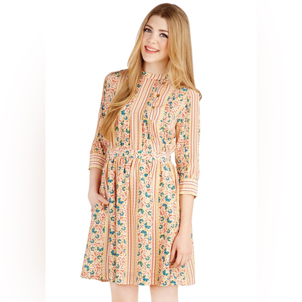 LAUREN MOFFATT Size 2 Anthropologie Silk Floral Dress 3/4 Sleeve Yellow Blue